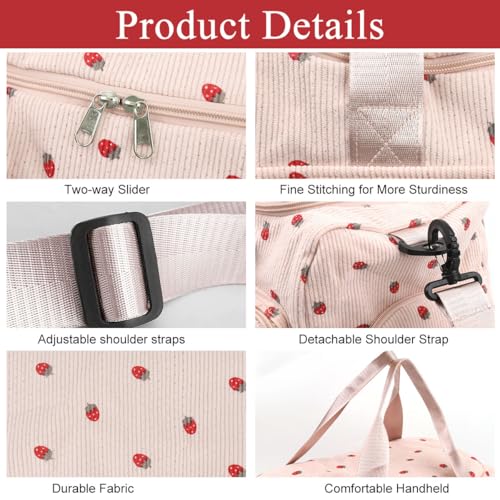 PALAY® Women Duffle Bag Gym with Shoe Compartment Cute Pink Strawberry Prints Corduroy Travel Removable Shoulder Strap Multi-Pocket for Camping 48x24x27cm 2PCS PALAY® Women Duffle Bag Gym with Shoe Compartment Cute Pink Strawberry Prints Corduroy Travel Removable Shoulder Strap Multi-Pocket for Camping 48x24x27cm 2PCS